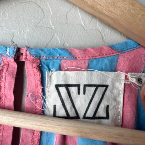 SZ Blockprints Gaia Pink Blue Striped Puff Sleeve Tiered Maxi Dress Size Small - Picture 4 of 11